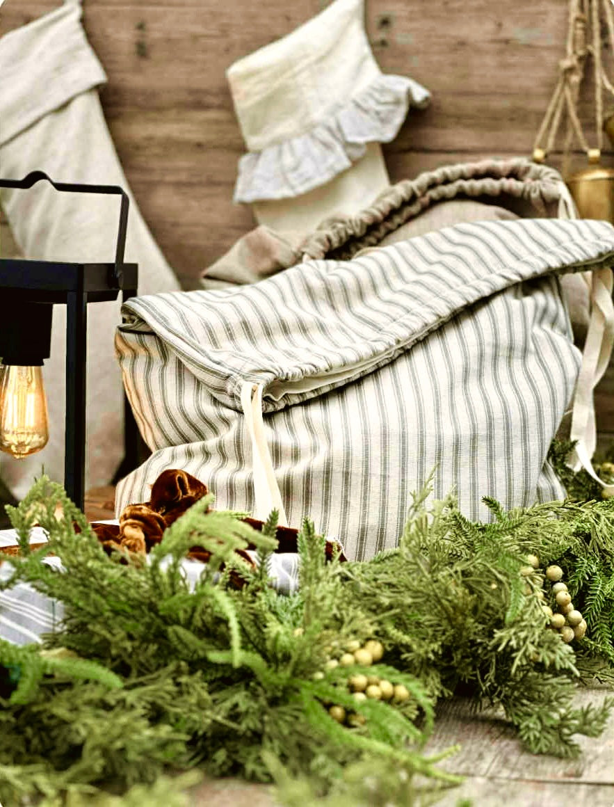 Festive Sack - olive and beige stripe