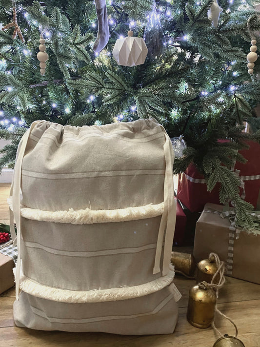 Christmas Sack - Cream fringe / neutral stripe