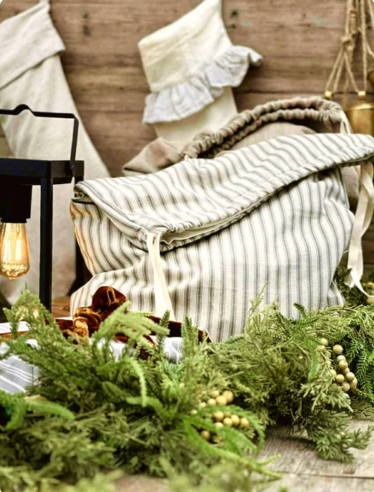 Festive Sack - olive and beige stripe