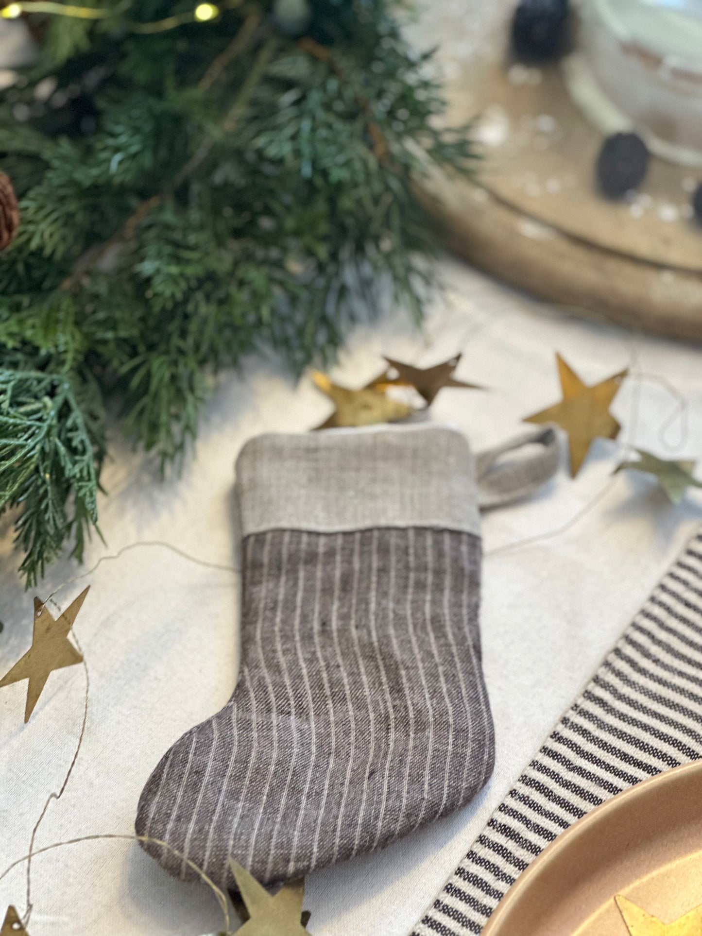 Mini Christmas Stocking Place Setting - set of 4 (brown pinstripe)
