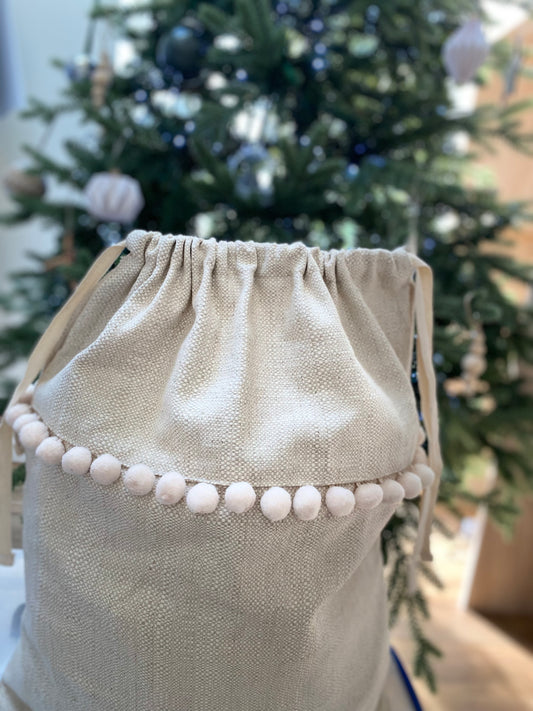 Christmas Sack - Cream Pom Pom Trim