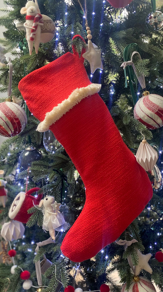 Boucle Christmas Stocking - Santa red with cream trim