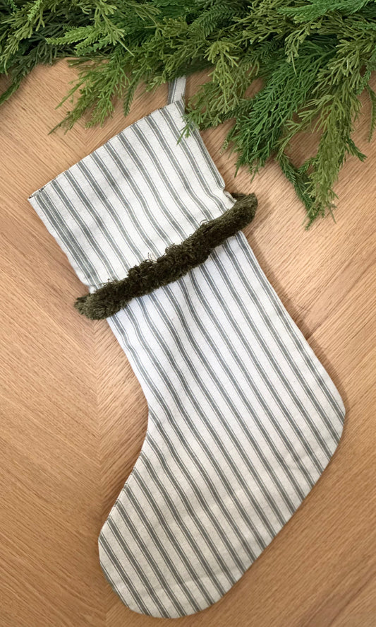 Striped Olive Green linen Christmas stocking