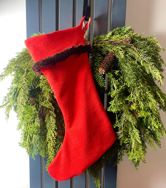 Boucle Christmas Stocking - Santa red with brown trim